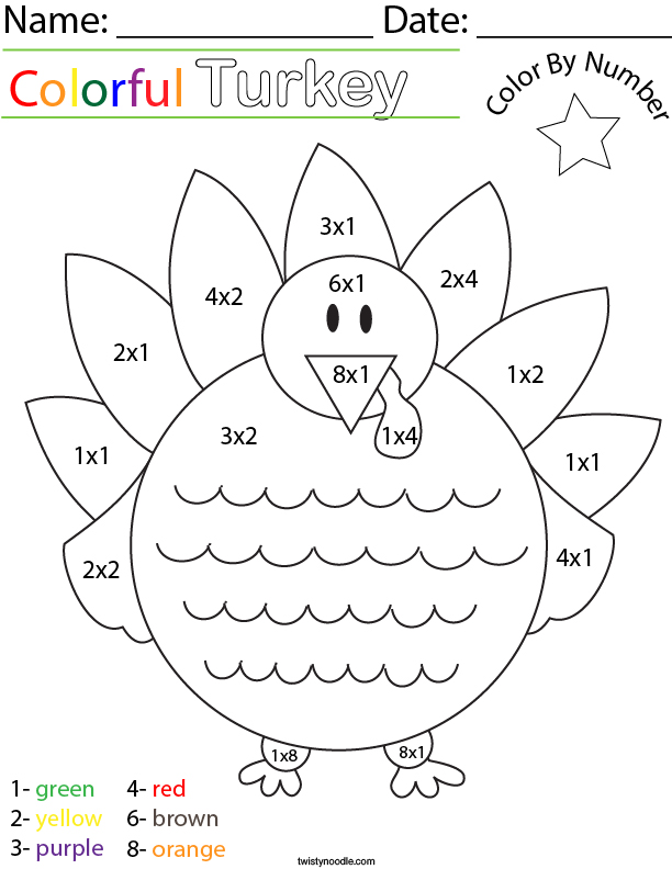 Multiplication- Color by Number Turkey Math Worksheet - Twisty Noodle